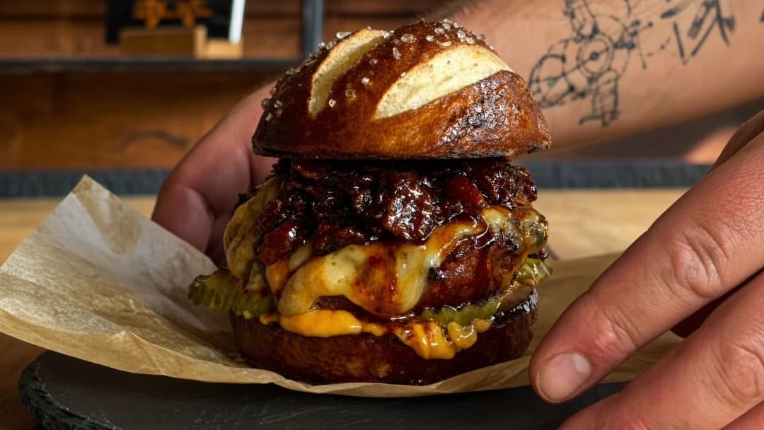 Pretzel burger with maple bourbon bacon jam from the kamado