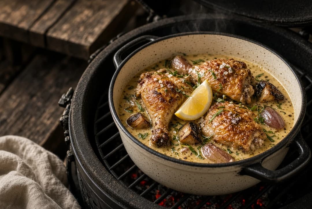 Chicken fricassee on the kamado with crispy skin and egg yolk sauce