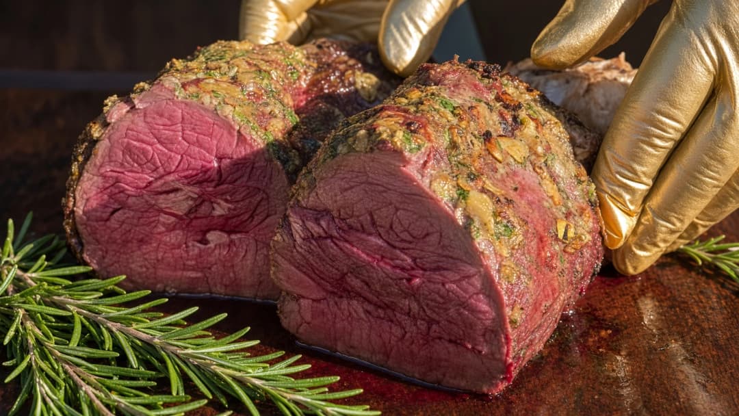 Garlic-crusted steak from the kamado