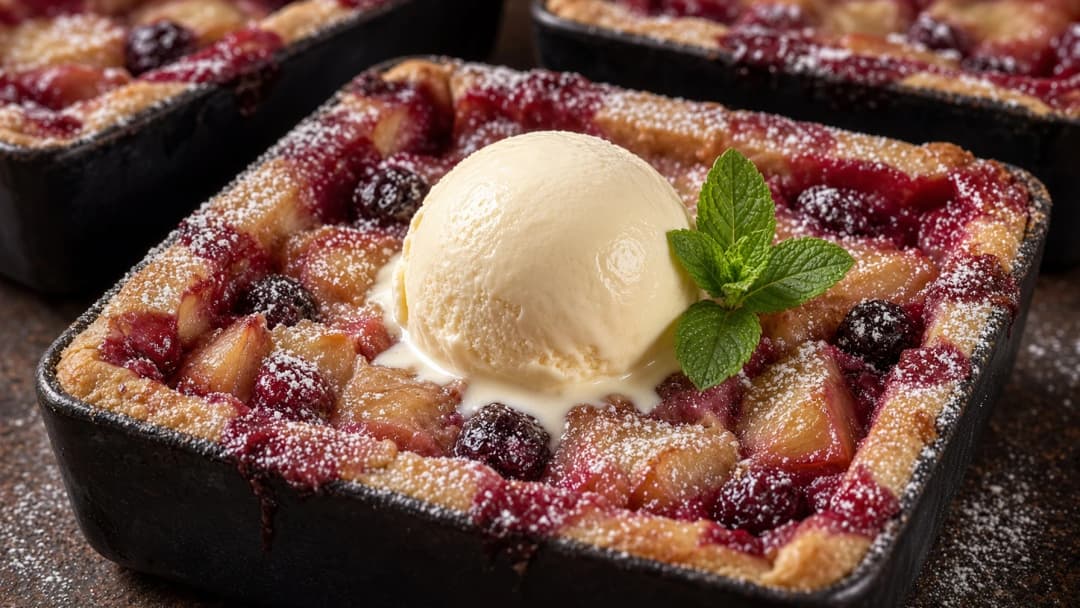 Warm clafoutis from the kamado with vanilla ice cream