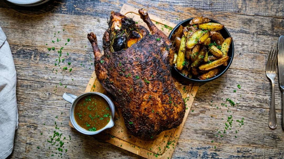 Ganze gebratene Ente vom Kamado mit Feigenjus