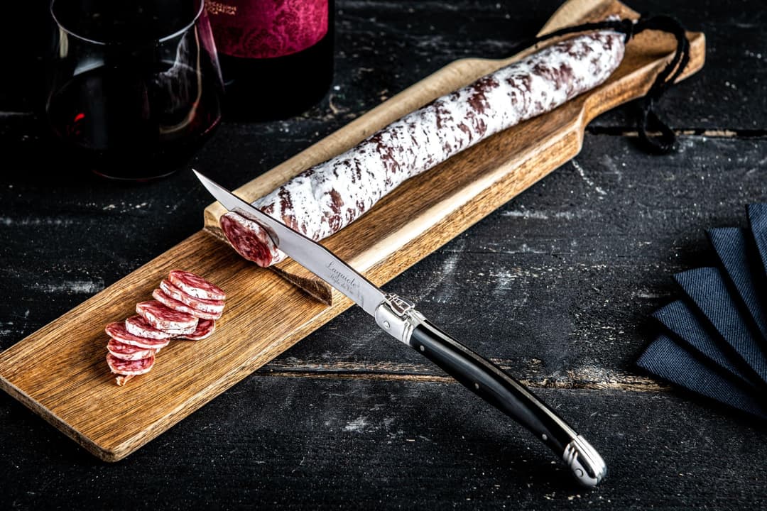 Acacia Sausage Board with Black Knife
