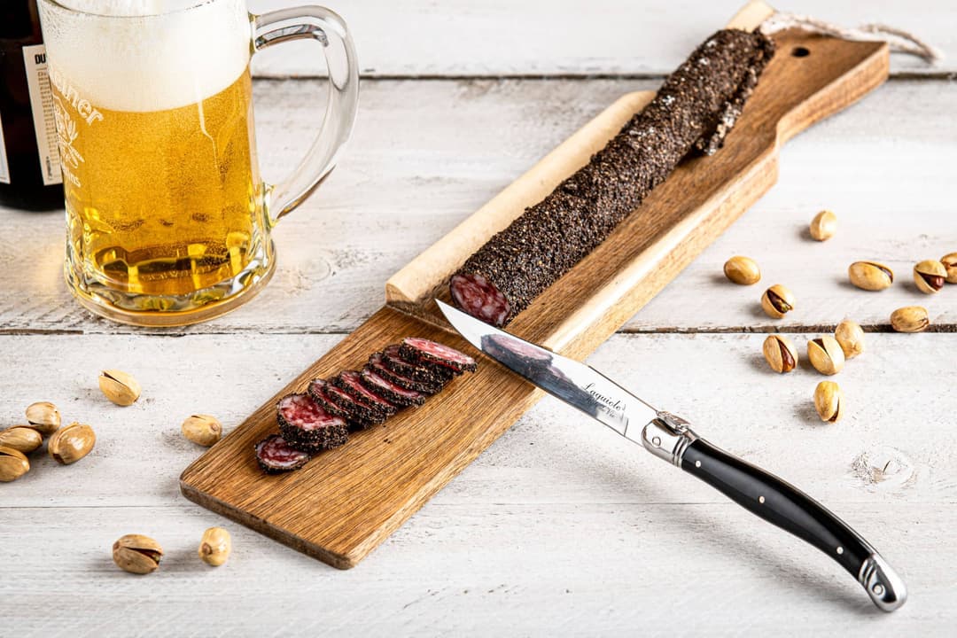 Acacia Sausage Board with Black Knife