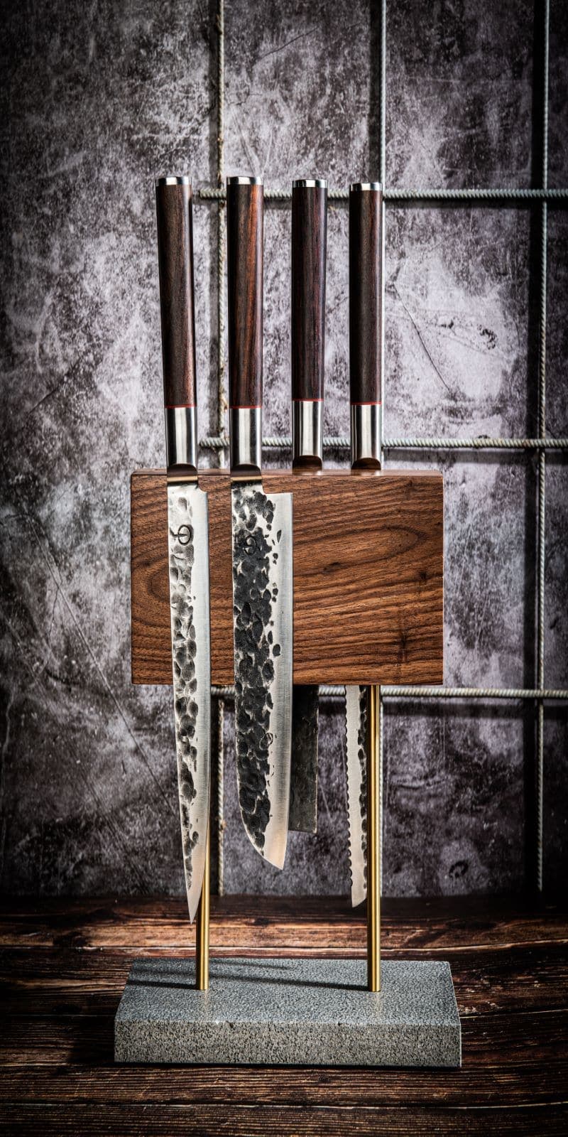 Magnetic Knife Block Walnut with Natural Stone Base