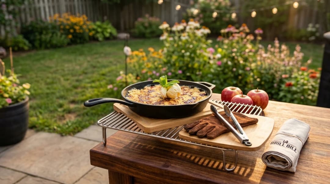 Glutenvrije apple crumble van de kamado met gekaramelliseerde basterdsuiker