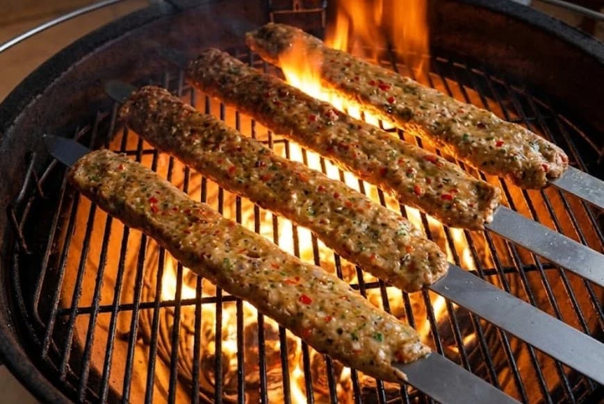 Kip adana kebab van de kamado met sumak-ui en gegrilde pepers