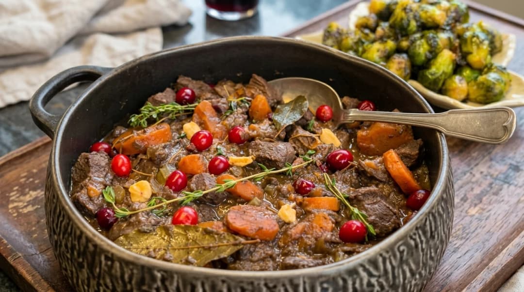 Kamado venison stew with cranberry and thyme